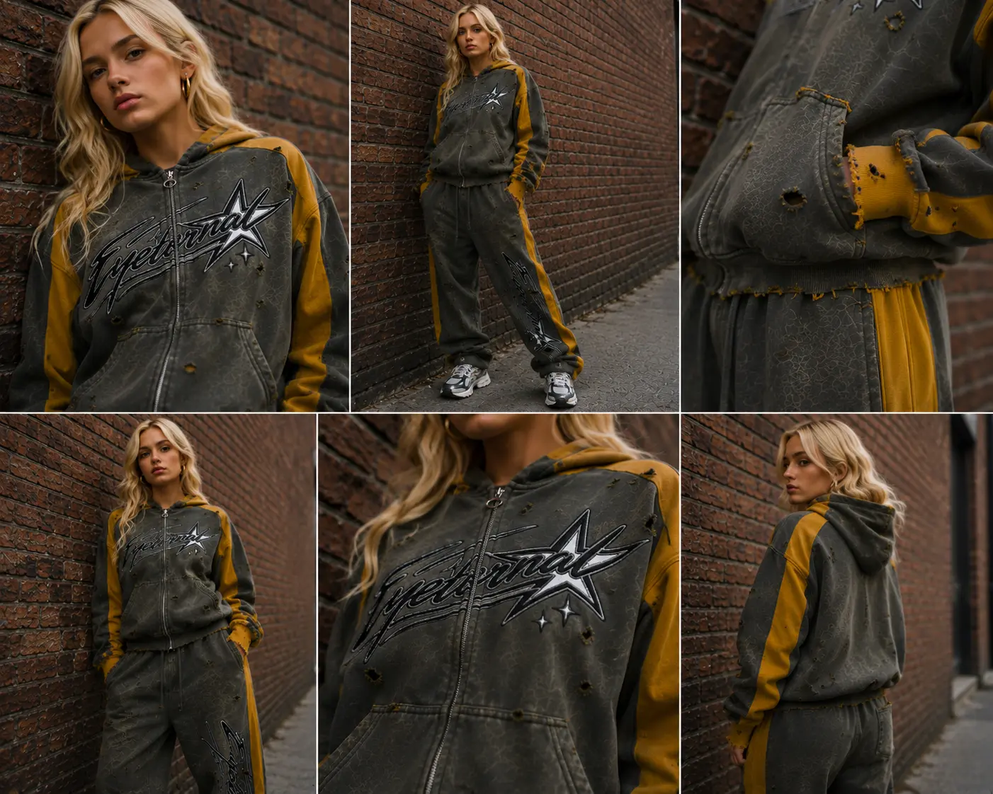 Eyeternal distressed star zip hoodie and sweatpant set shot in an alley