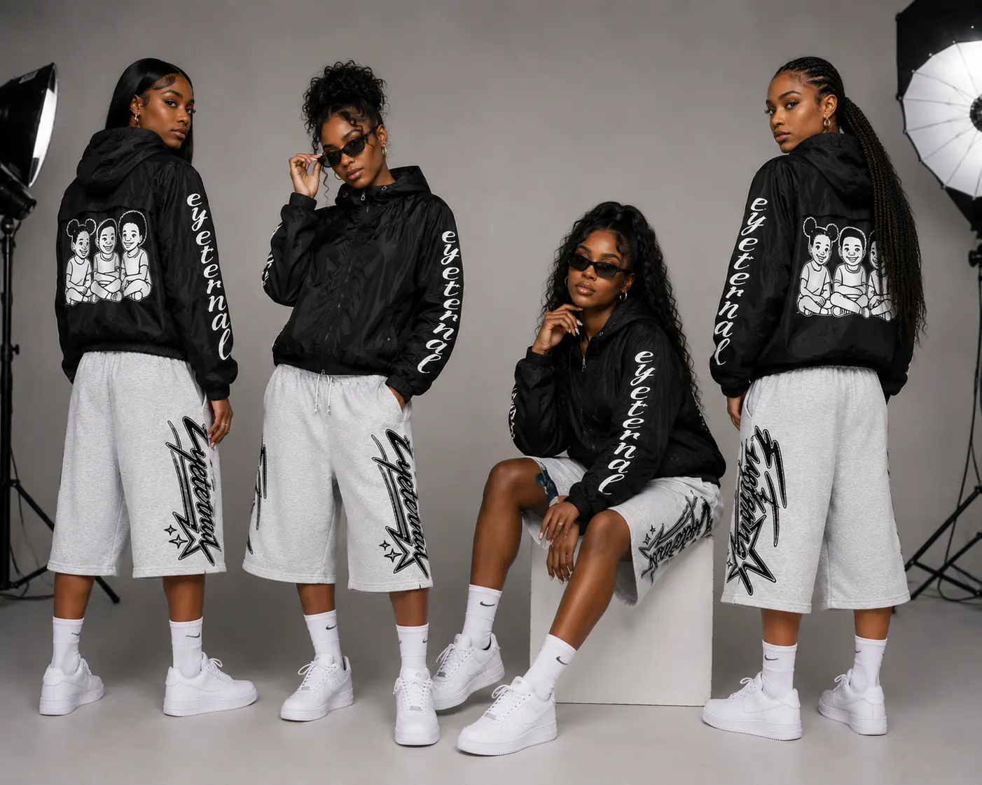 Models in Eyeternal windbreakers and grey star shorts