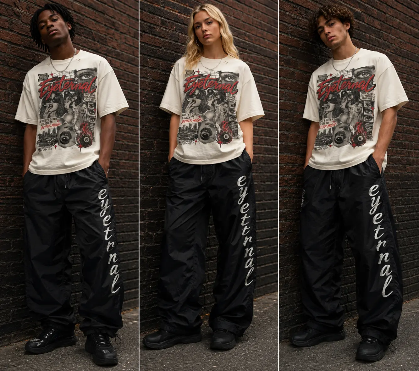 Three models in the Eyeternal collage tee and black parachute pants