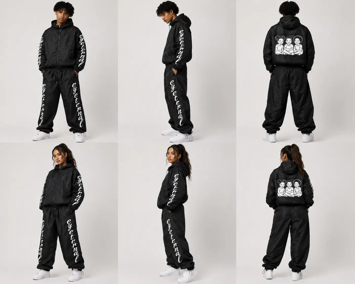 Black Eyeternal nylon tracksuit, front, side and back views