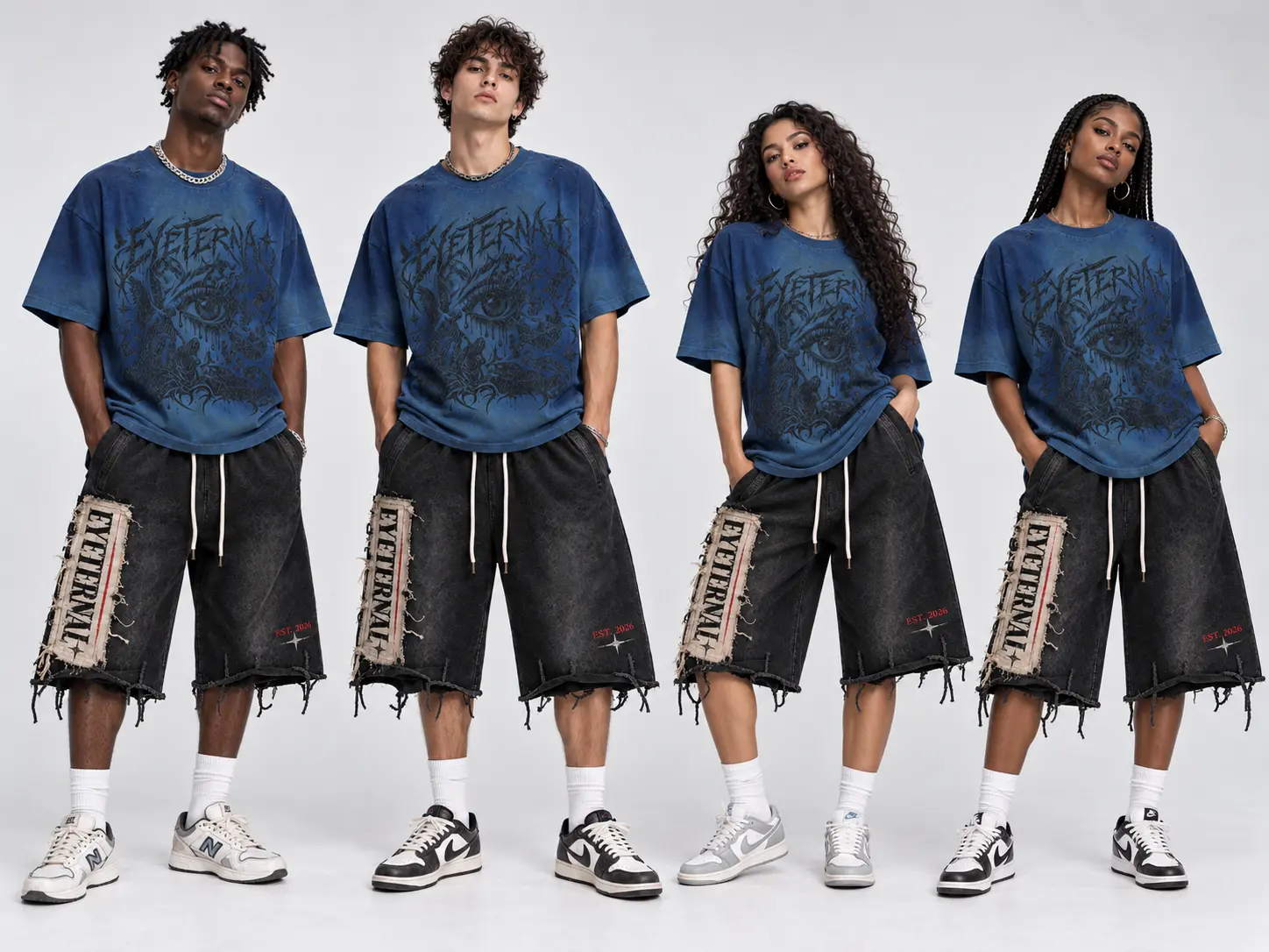 Four models in the indigo Eyeternal eye sigil tee and black cutoff denim shorts