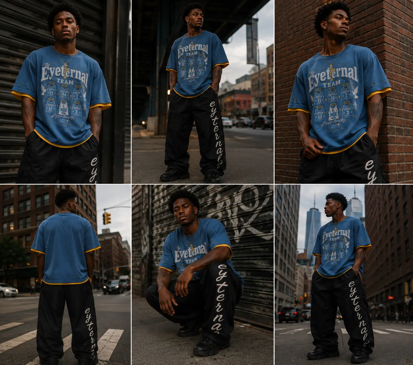 Eyeternal team tee worn with black nylon pants in the city