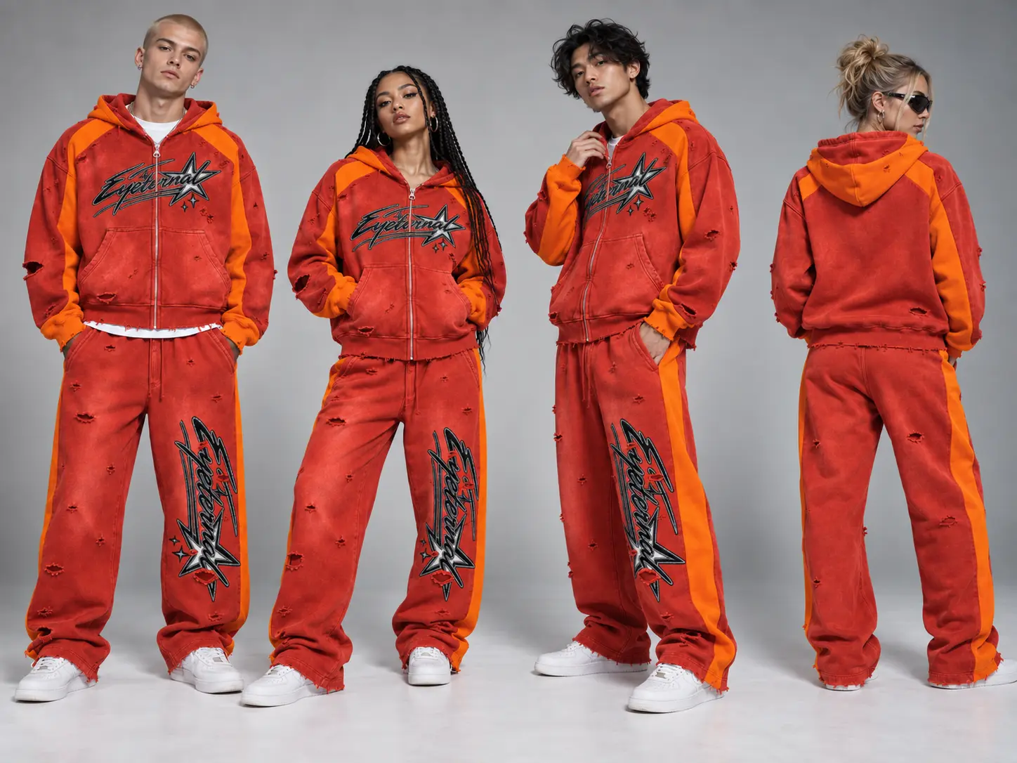 Four models in the red and orange Eyeternal star burst zip tracksuit